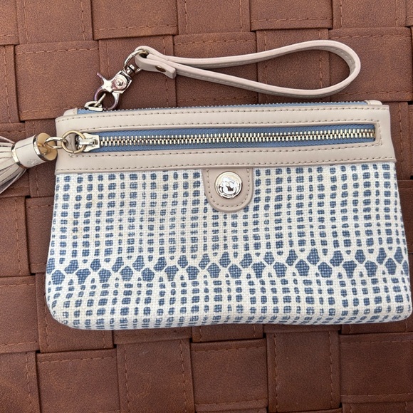 Spartina 449 Daufuskie Island Wristlet Canvas Leather Trim Purse Natural Linen - Picture 2 of 8